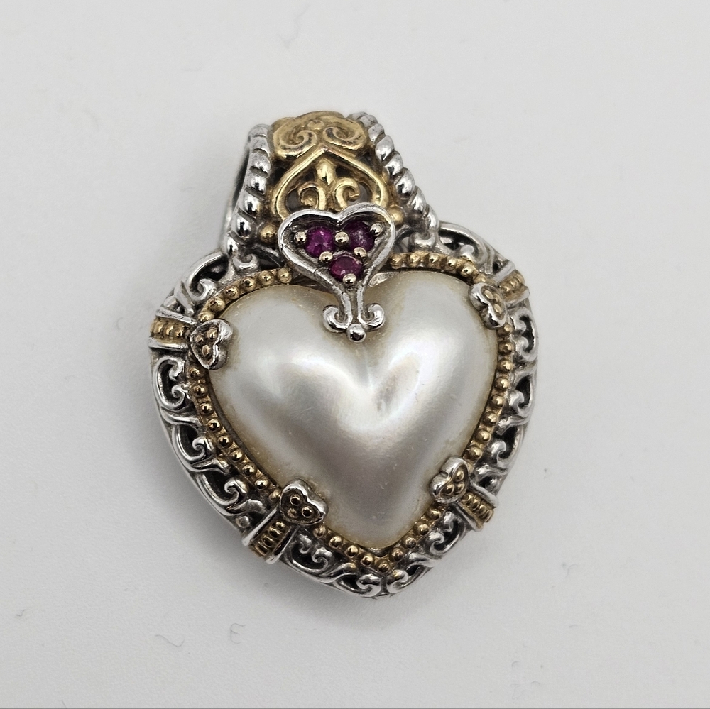 Michael Valitutti heart-shaped white mabe pearl ruby accents set sterling Silver - Picture 10 of 10